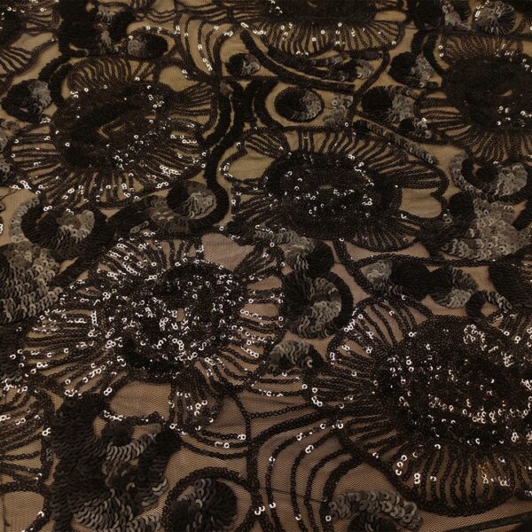 Tessuto Tulle - pizzo mano seta ricamato con paillettes motivo floreale nero