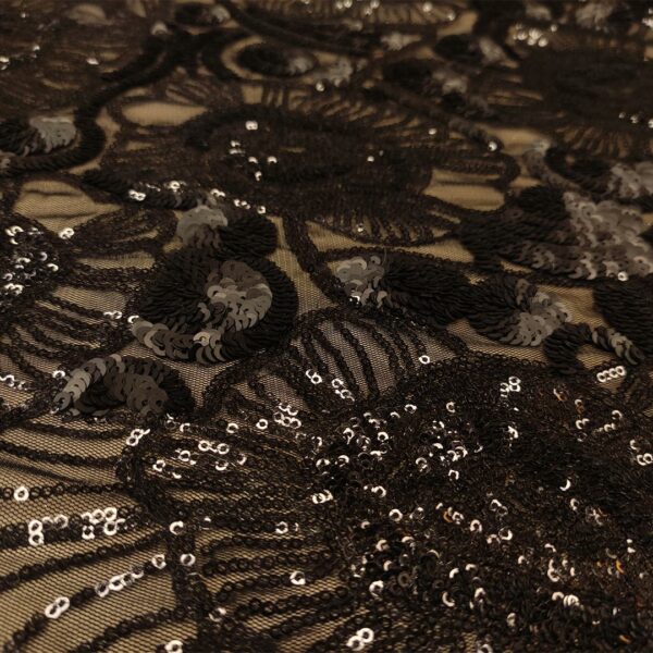 Tessuto Tulle - pizzo mano seta ricamato con paillettes motivo floreale nero