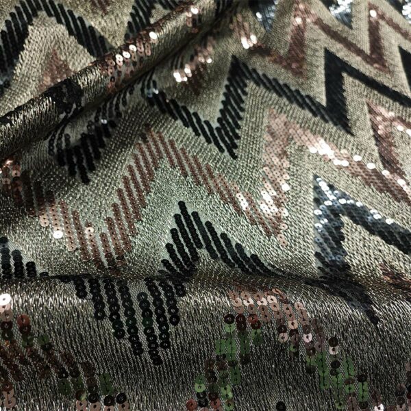 Tessuto Tulle Elasticizzato Ricamato con paillettes motivo geometrico nero - tortora - bronzo