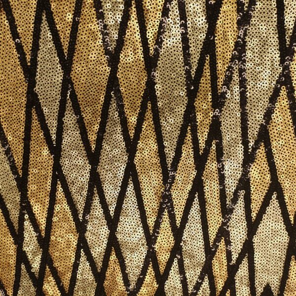 Tessuto Tulle Elasticizzato Ricamato con paillettes motivo geometrico nero - oro - grigio
