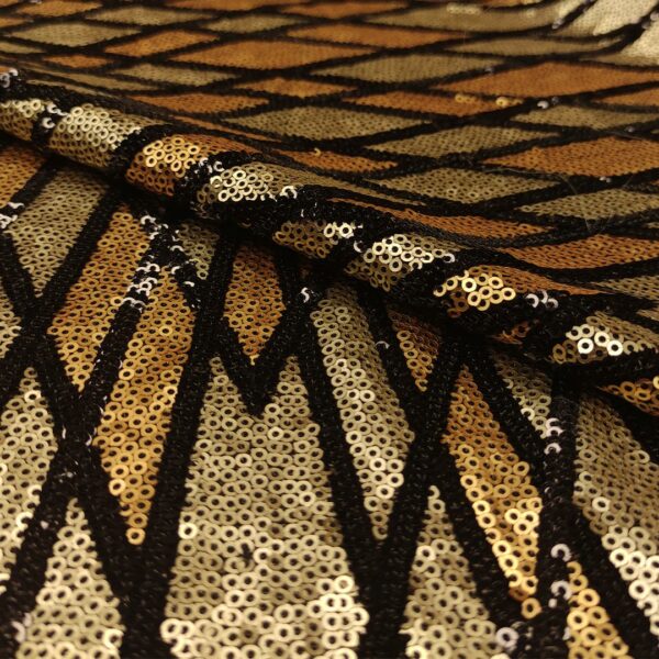 Tessuto Tulle Elasticizzato Ricamato con paillettes motivo geometrico nero - oro - grigio