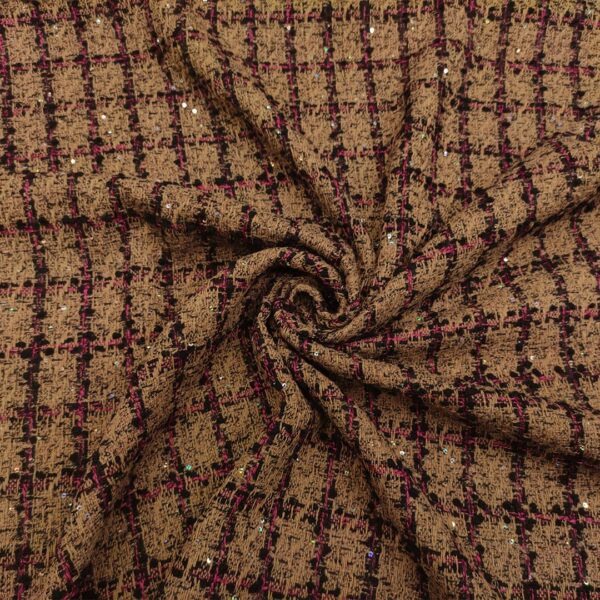 Tessuto per cappotto motivo tweed ricamato con micro paillettes terracotta - fucsia