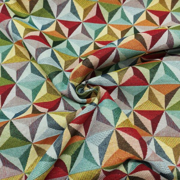 Tessuto per arredo Gobelin a fantasia motivo geometrico grande giallo - rosso - verde - tiffany