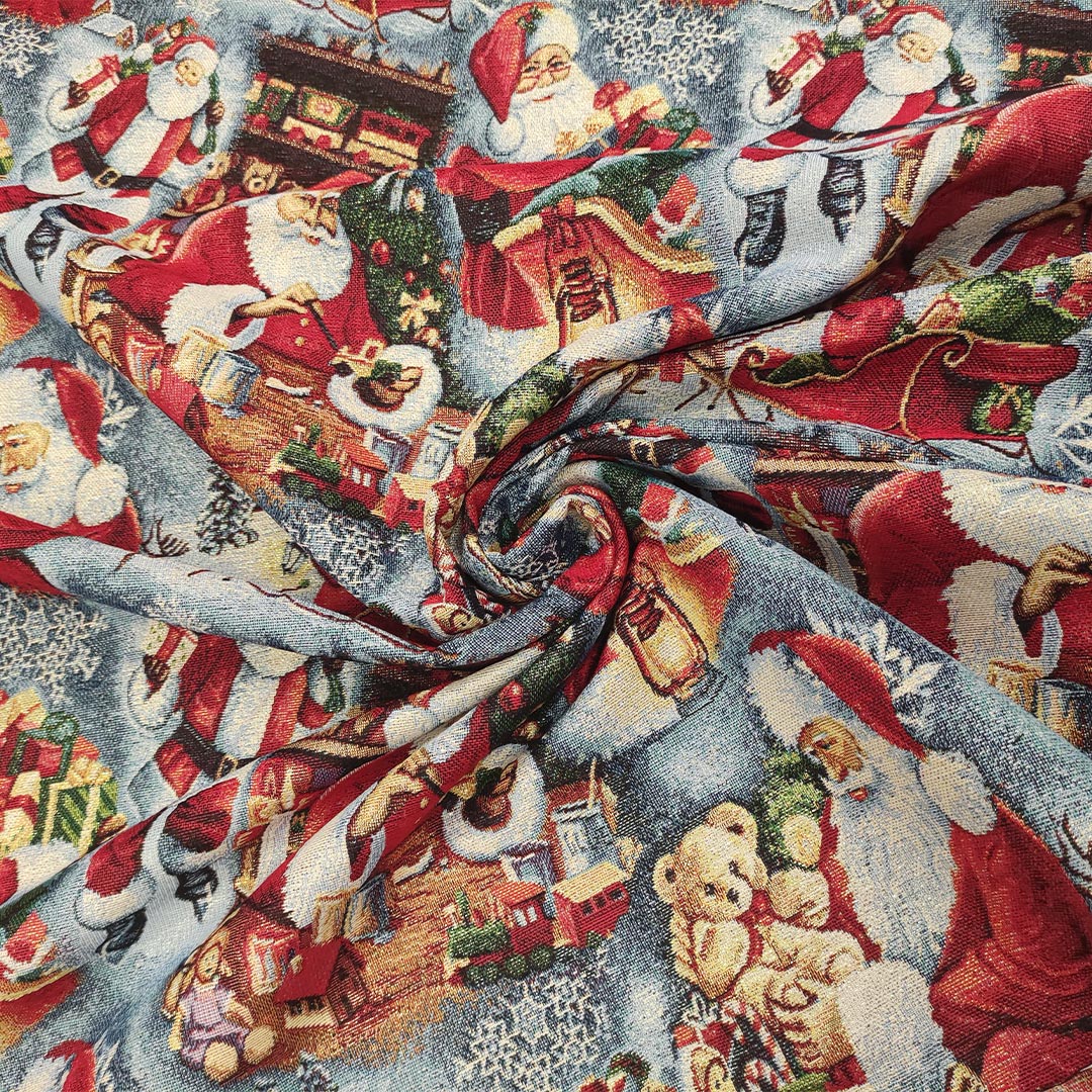 Tessuto per arredo Gobelin lurex natalizio a fantasia con babbo natale  carta da zucchero - rosso - verde - beige - Iaia Tessuti