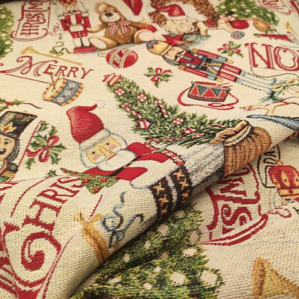Tessuto per arredo Gobelin natalizio a fantasia con schiaccianoci e orsetti beige - rosso - verde - blu