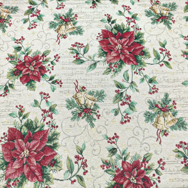 Tessuto per arredo Gobelin natalizio a fantasia con stella di natale e vischio beige - oro - rosso - verde