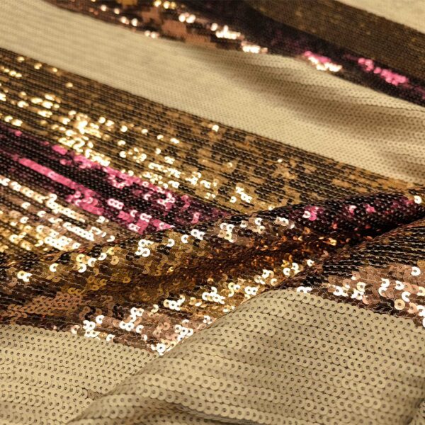 Tessuto Tulle ricamato con paillettes motivo rigato fucsia - oro - beige