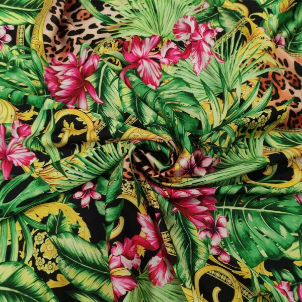 Tessuto Satin a fantasia motivo floreale verde - fucsia - giallo