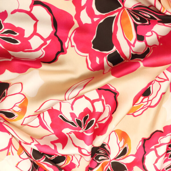 Tessuto Satin a fantasia motivo floreale nero - beige - fucsia