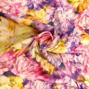 Tessuto Satin a fantasia motivo floreale viola - fucsia - giallo
