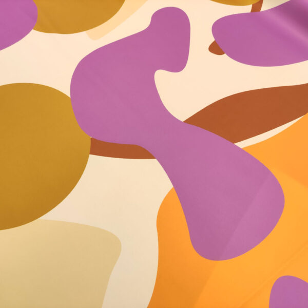 Tessuto Duchesse a fantasia motivo astratto viola - arancione - beige