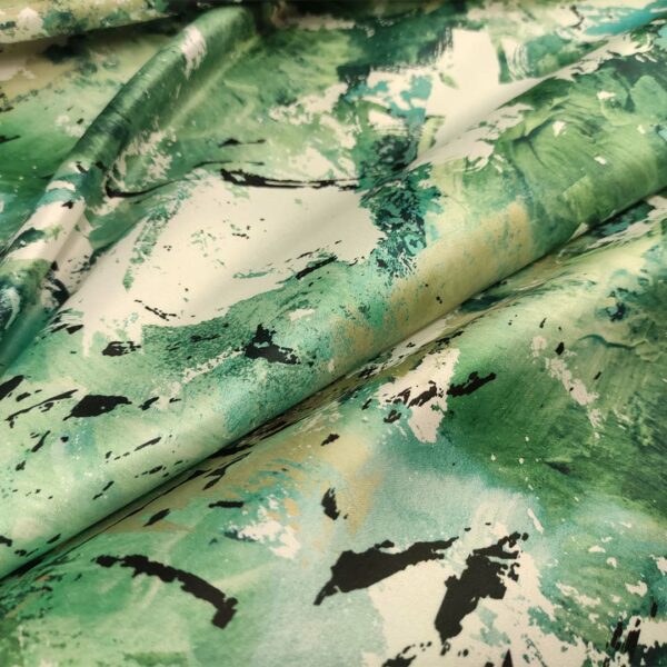 Tessuto Duchesse a fantasia motivo astratto bianco - verde - beige