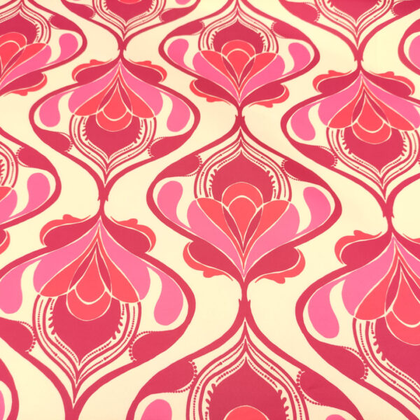 Tessuto Duchesse a fantasia motivo astratto panna - fucsia