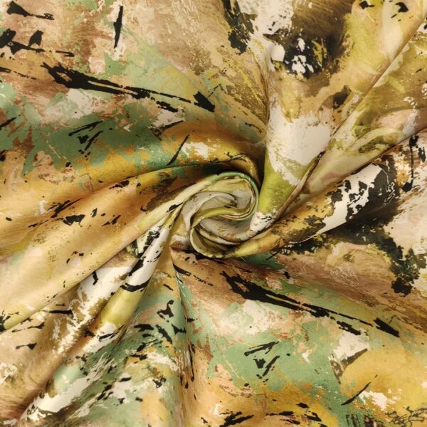 Tessuto Duchesse a fantasia motivo astratto tortora - verde - beige