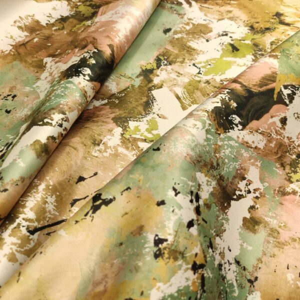 Tessuto Duchesse a fantasia motivo astratto tortora - verde - beige