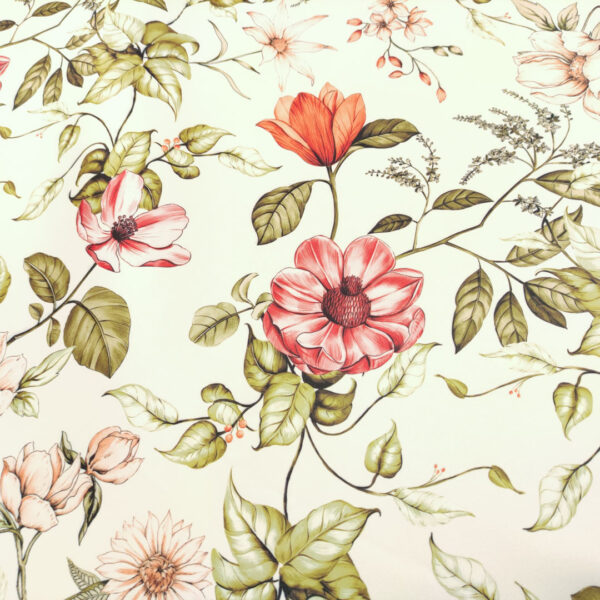 Tessuto Duchesse a fantasia motivo floreale bianco - pesco - verde