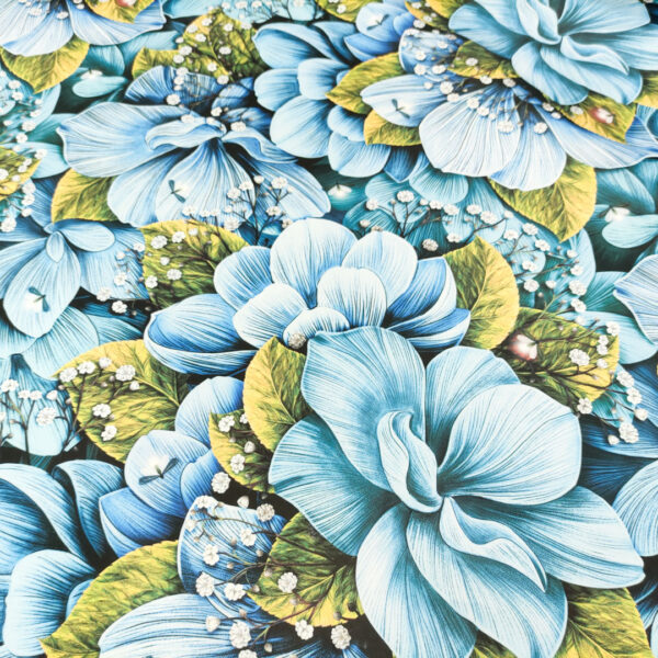 Tessuto Duchesse a fantasia motivo floreale blu - carta da zucchero - verde