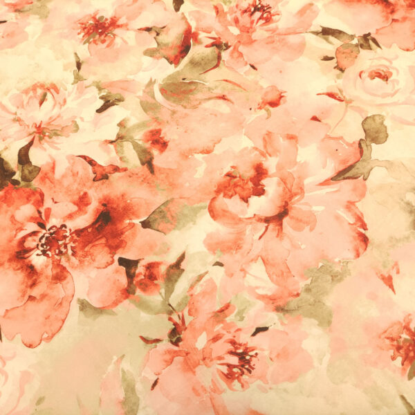 Tessuto Duchesse a fantasia motivo floreale corallo - pesco - beige