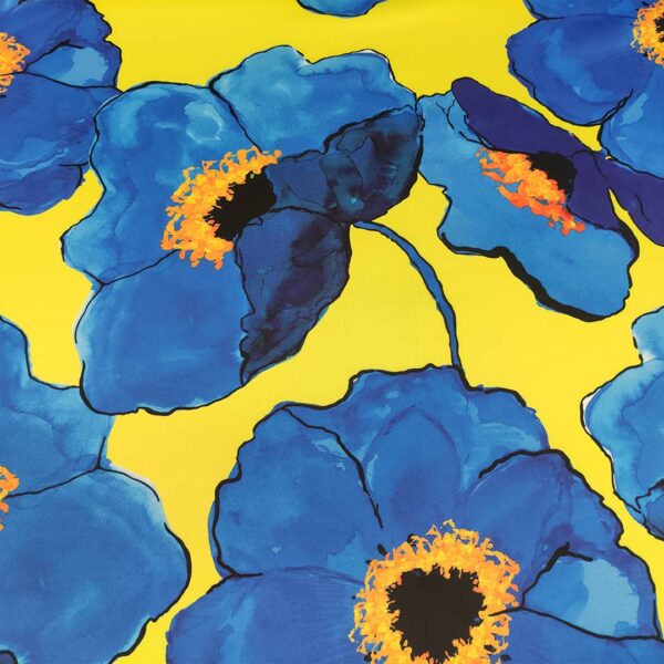 Tessuto Duchesse a fantasia motivo floreale giallo - blu elettrico