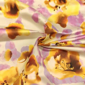 Tessuto Duchesse a fantasia motivo floreale giallo - lilla - panna
