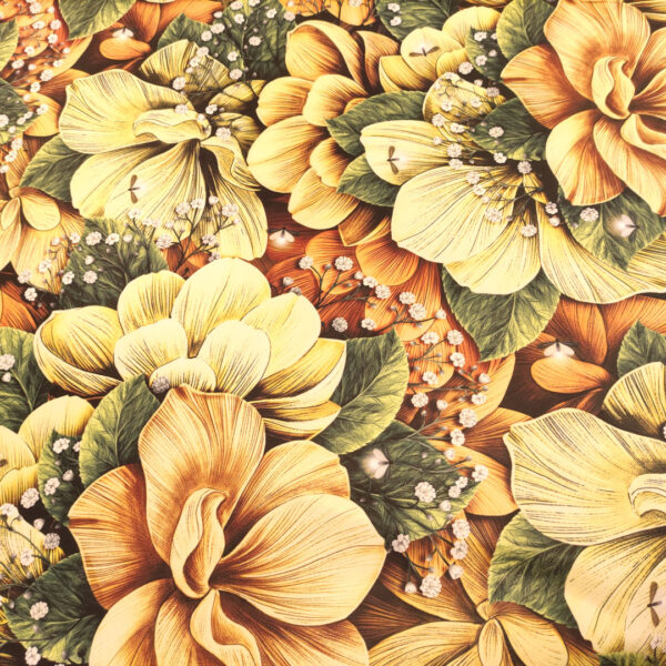 Tessuto Duchesse a fantasia motivo floreale ocra - verde - arancio