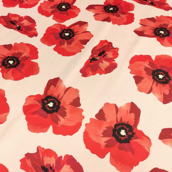 Tessuto Duchesse a fantasia motivo floreale panna - rosso