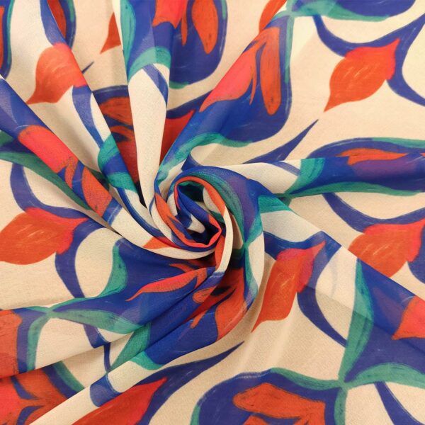 Tessuto Georgette a fantasia motivo astratto panna - blu elettrico - arancio