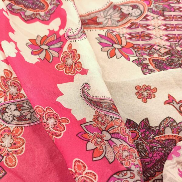 Tessuto Georgette a fantasia motivo floreale cashmere bianco - arancio - fucsia
