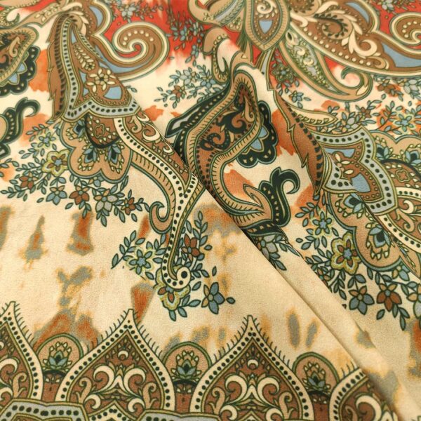 Tessuto Georgette a fantasia motivo floreale cashmere marrone - verde - arancio