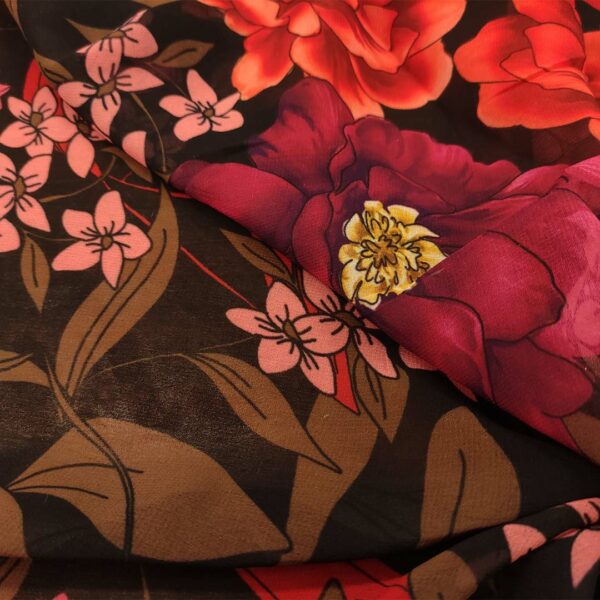 Tessuto Georgette a fantasia motivo floreale nero - rosso - magenta