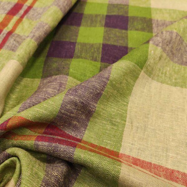 Tessuto Misto Lino a fantasia motivo quadri beige - viola - verde
