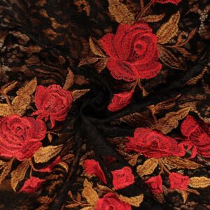 Tessuto pizzo rebrodè doppio smerlo ricamato motivo floreale nero - rosso - bronzo