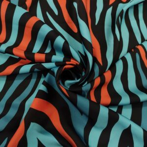 Tessuto Satin a fantasia motivo animalier nero - turchese - arancio