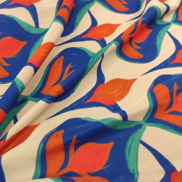 Tessuto Satin a fantasia motivo astratto arancio - panna - blu elettrico