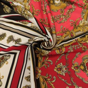 Tessuto Satin a fantasia motivo floreale barocco bordeaux - oro - nero