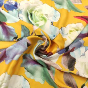 Tessuto Satin a fantasia motivo floreale giallo - viola - tiffany