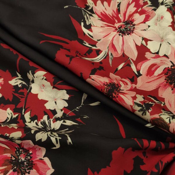 Tessuto Satin a fantasia motivo floreale nero - bordeaux - tortora