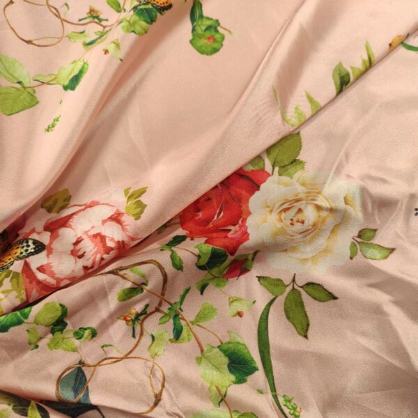 Tessuto Satin a fantasia motivo floreale rosa - verde - lilla