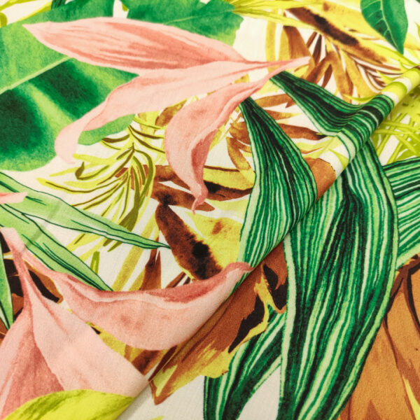 Tessuto Satin di Viscosa a fantasia motivo floreale verde - rosa - lime