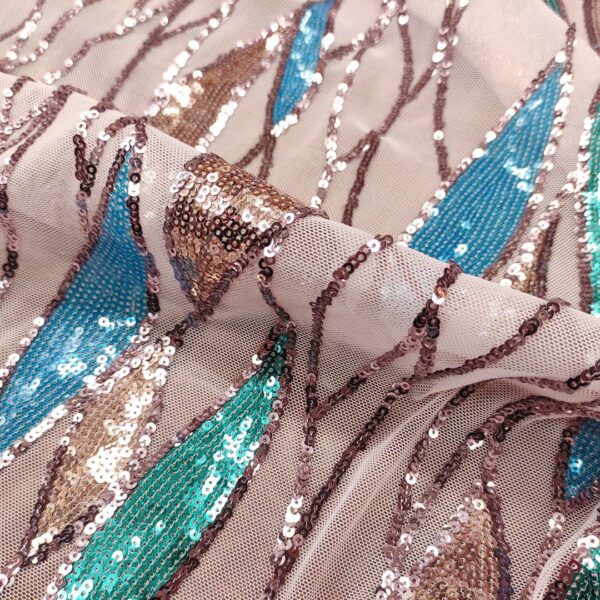 Tessuto Tulle elasticizzato ricamato con paillettes motivo astratto rosa - turchese - smeraldo