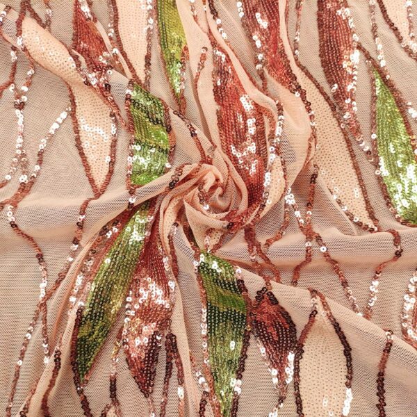 Tessuto Tulle elasticizzato ricamato con paillettes motivo astratto rosa - verde - pesco