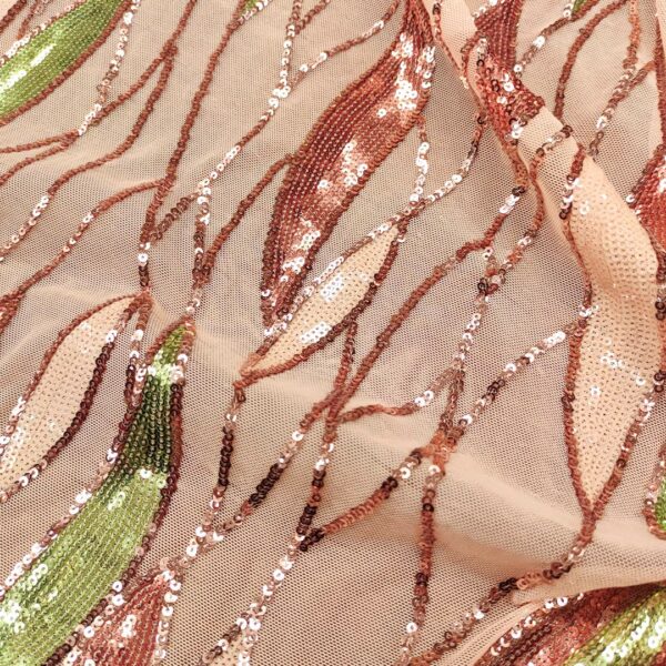 Tessuto Tulle elasticizzato ricamato con paillettes motivo astratto rosa - verde - pesco