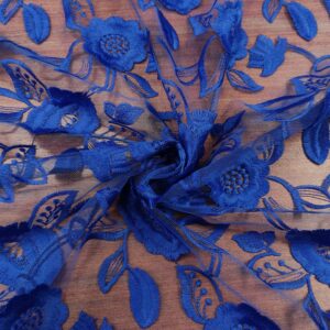 Tessuto Tulle ricamato motivo floreale blu elettrico