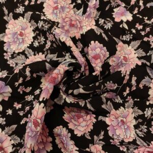 Tessuto Viscosa a fantasia motivo floreale nero - rosa - lilla