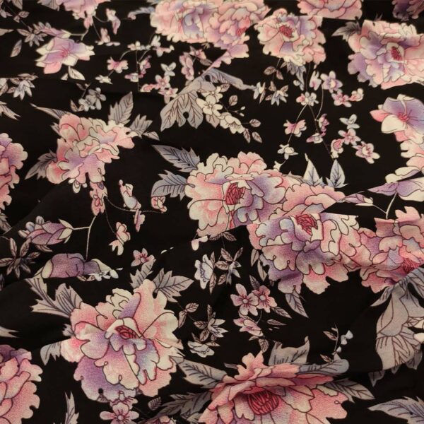 Tessuto Viscosa a fantasia motivo floreale nero - rosa - lilla