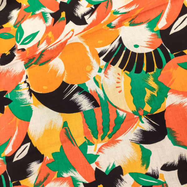 Tessuto Cotone leggero a fantasia motivo floreale verde - arancio - bianco