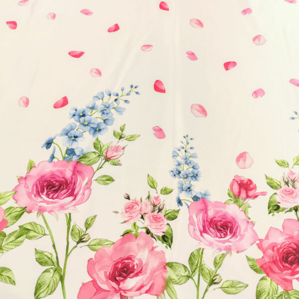 Tessuto Duchesse a fantasia motivo floreale bianco - azzurro - rosa