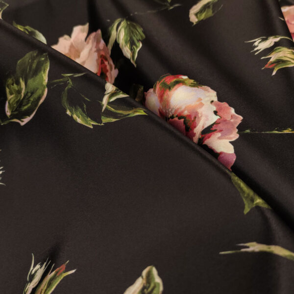 Tessuto Duchesse a fantasia motivo floreale nero - verde - rosa