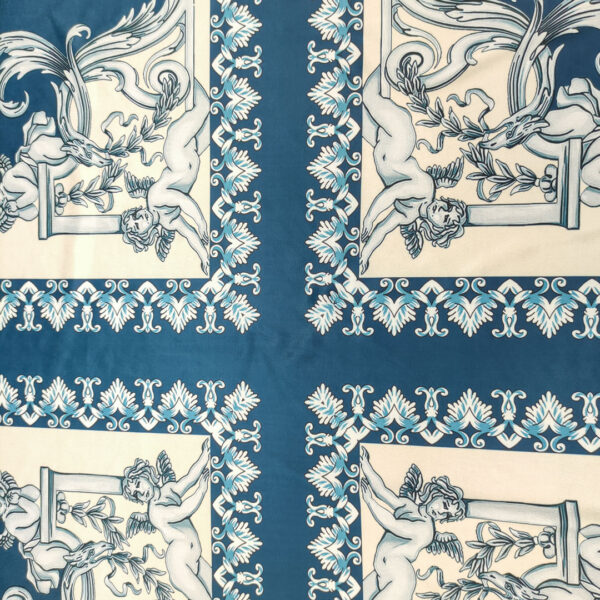 Tessuto Jersey lucido a fantasia motivo floreale barocco beige - blu ottanio