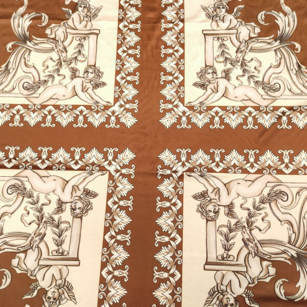 Tessuto Jersey lucido a fantasia motivo floreale barocco beige - cioccolato